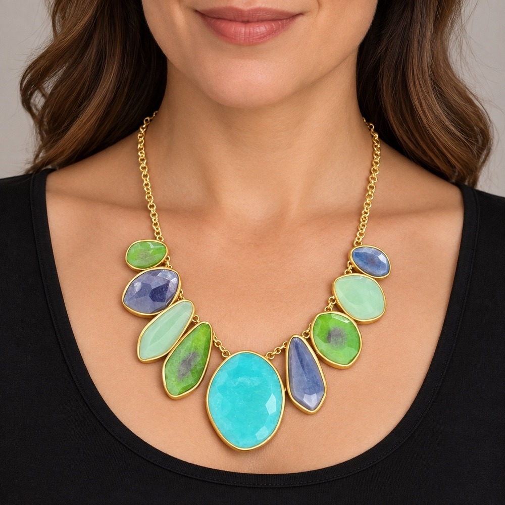 Mutlicolor Faceted Stone Statement Necklace Gold Tone Chunky Bib Boho Artisan